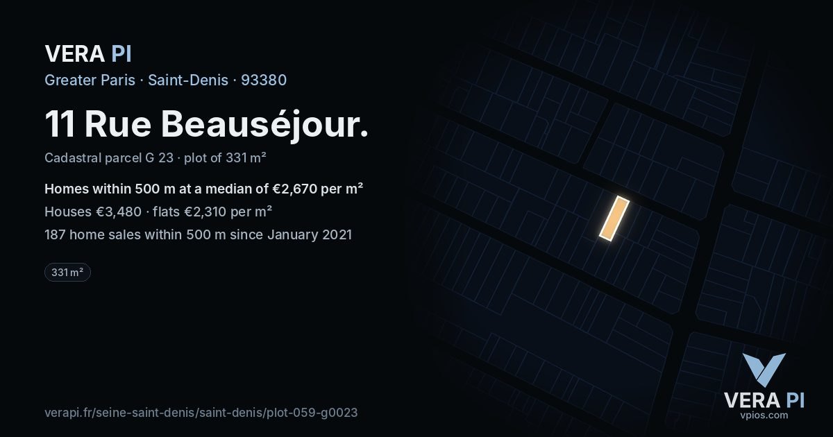 11 Rue Beauséjour, Saint-Denis at night – the plot lit, the parcels around coloured by the prices near them