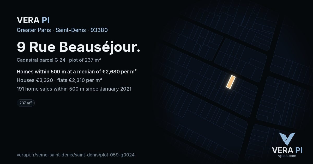 9 Rue Beauséjour, Saint-Denis at night – the plot lit, the parcels around coloured by the prices near them
