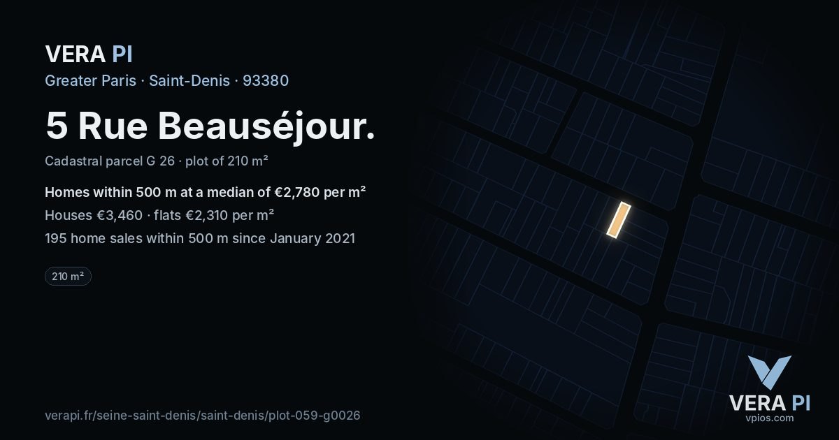 5 Rue Beauséjour, Saint-Denis at night – the plot lit, the parcels around coloured by the prices near them