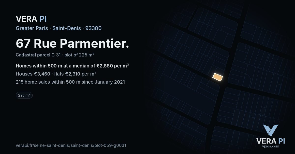 67 Rue Parmentier, Saint-Denis at night – the plot lit, the parcels around coloured by the prices near them