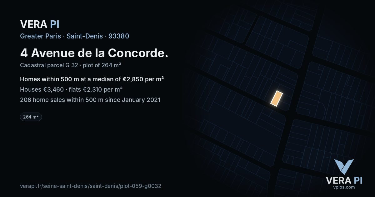 4 Avenue de la Concorde, Saint-Denis at night – the plot lit, the parcels around coloured by the prices near them