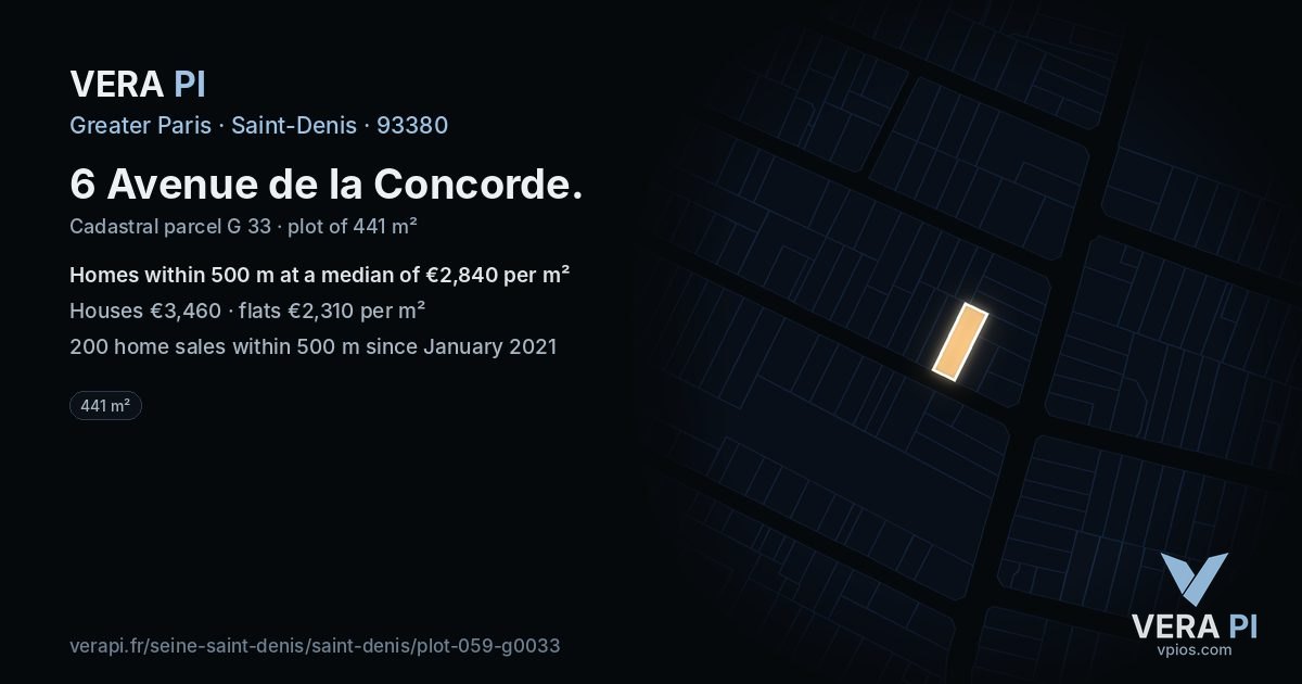 6 Avenue de la Concorde, Saint-Denis at night – the plot lit, the parcels around coloured by the prices near them