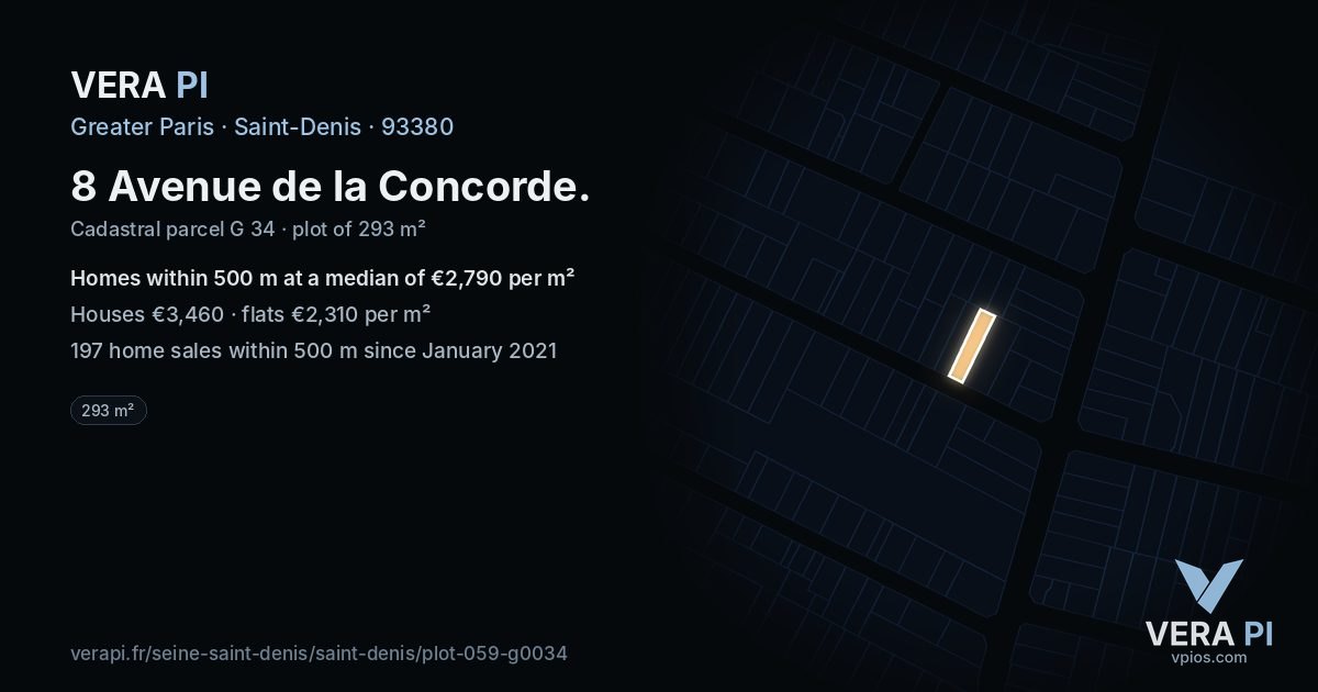 8 Avenue de la Concorde, Saint-Denis at night – the plot lit, the parcels around coloured by the prices near them