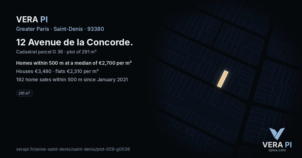 12 Avenue de la Concorde, Saint-Denis at night – the plot lit, the parcels around coloured by the prices near them