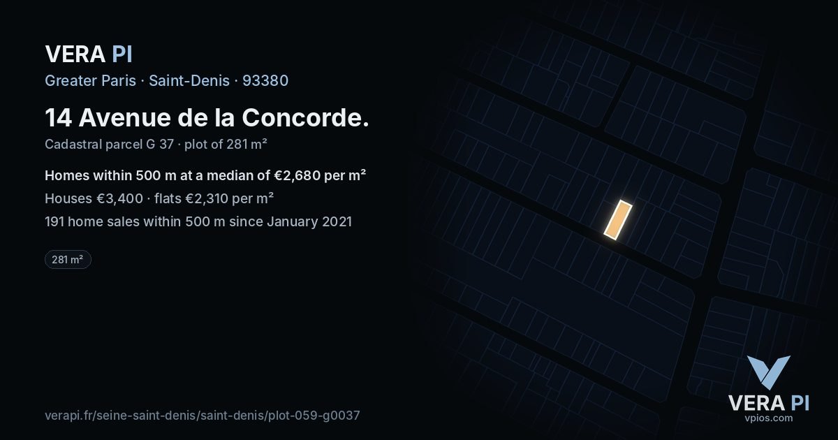 14 Avenue de la Concorde, Saint-Denis at night – the plot lit, the parcels around coloured by the prices near them