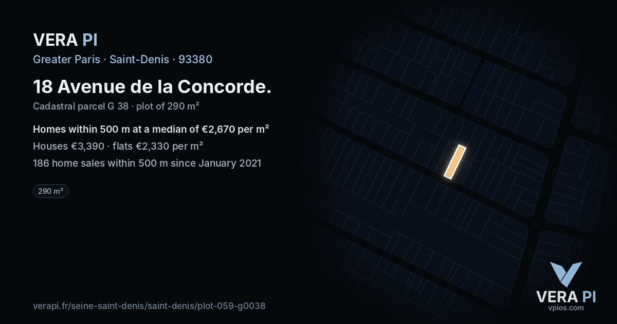 18 Avenue de la Concorde, Saint-Denis at night – the plot lit, the parcels around coloured by the prices near them