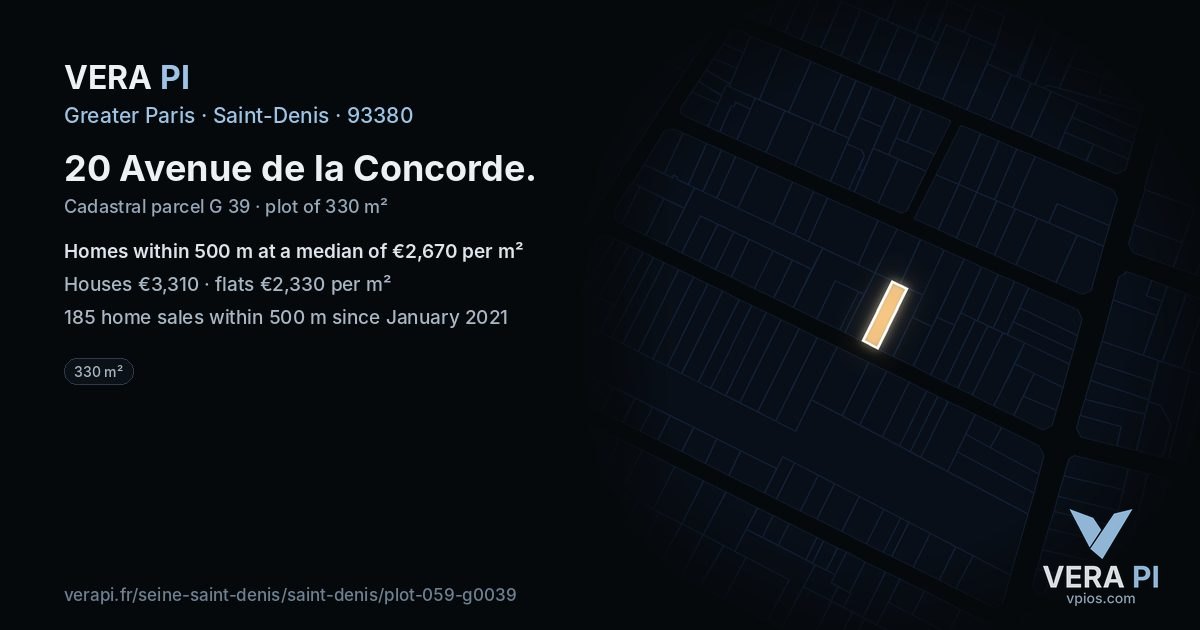 20 Avenue de la Concorde, Saint-Denis at night – the plot lit, the parcels around coloured by the prices near them