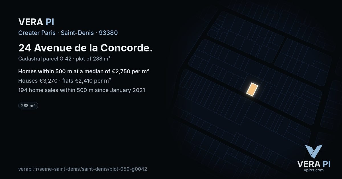 24 Avenue de la Concorde, Saint-Denis at night – the plot lit, the parcels around coloured by the prices near them