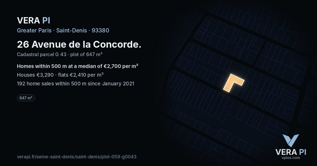 26 Avenue de la Concorde, Saint-Denis at night – the plot lit, the parcels around coloured by the prices near them