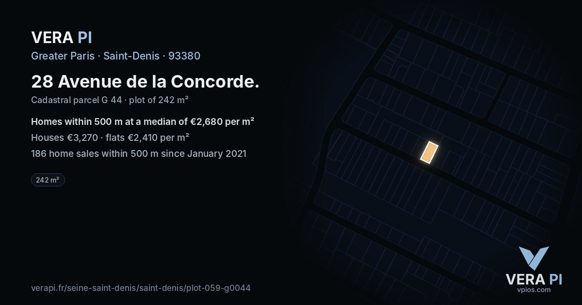 28 Avenue de la Concorde, Saint-Denis at night – the plot lit, the parcels around coloured by the prices near them