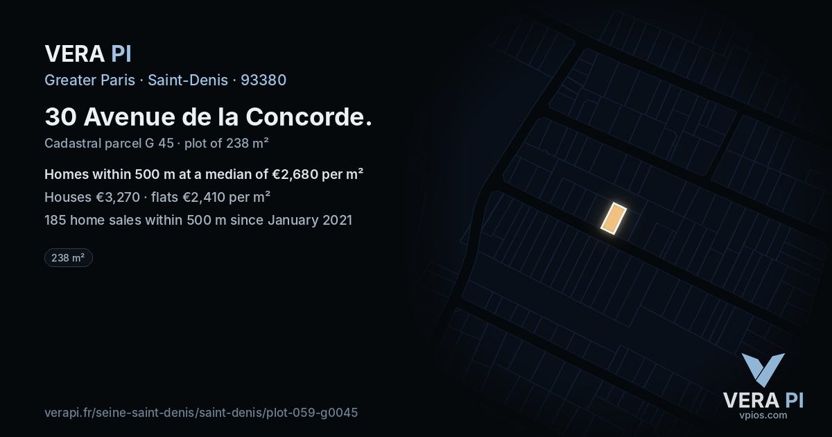 30 Avenue de la Concorde, Saint-Denis at night – the plot lit, the parcels around coloured by the prices near them