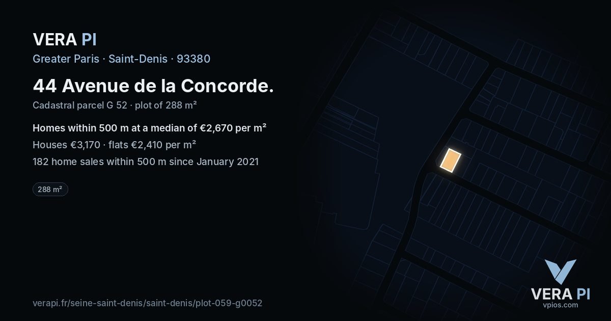 44 Avenue de la Concorde, Saint-Denis at night – the plot lit, the parcels around coloured by the prices near them