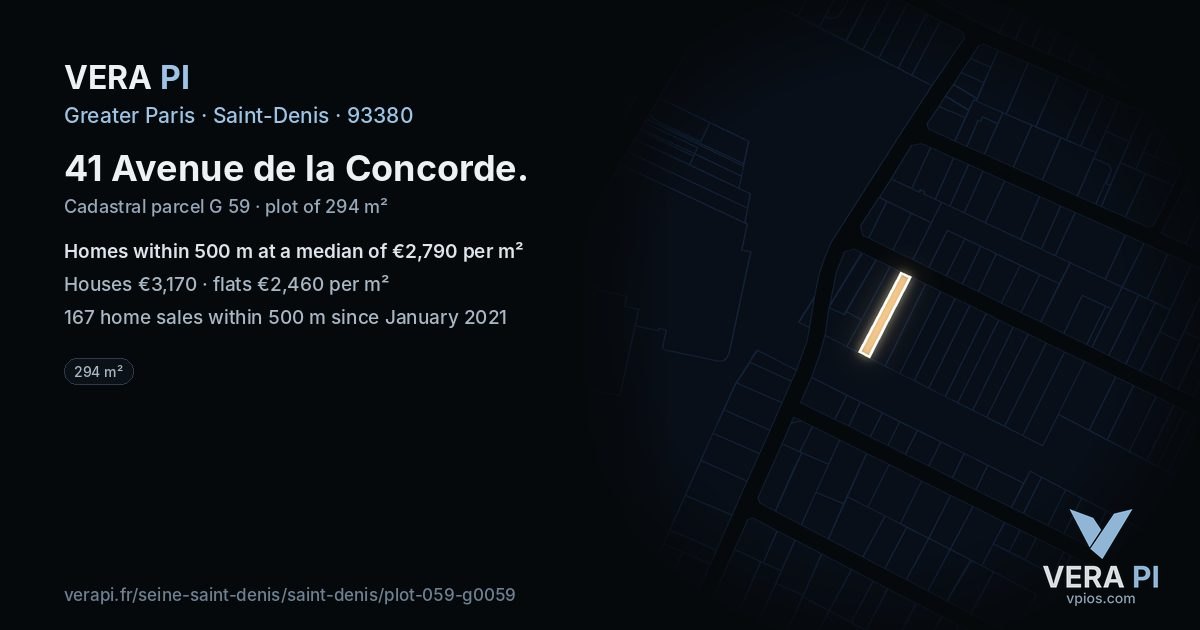 41 Avenue de la Concorde, Saint-Denis at night – the plot lit, the parcels around coloured by the prices near them