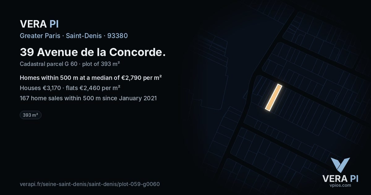 39 Avenue de la Concorde, Saint-Denis at night – the plot lit, the parcels around coloured by the prices near them