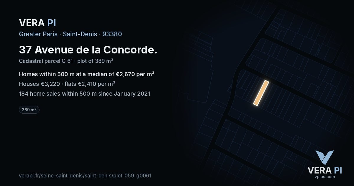 37 Avenue de la Concorde, Saint-Denis at night – the plot lit, the parcels around coloured by the prices near them