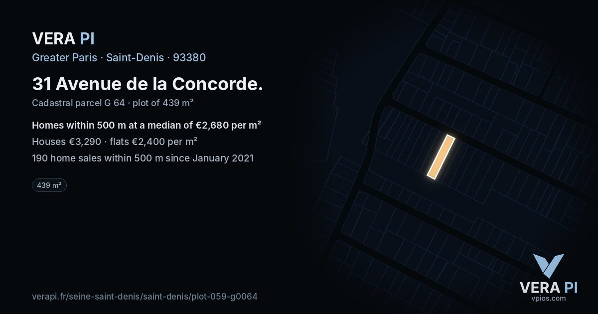 31 Avenue de la Concorde, Saint-Denis at night – the plot lit, the parcels around coloured by the prices near them