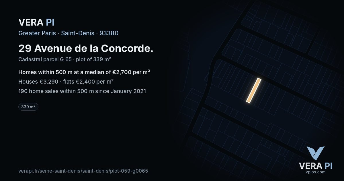29 Avenue de la Concorde, Saint-Denis at night – the plot lit, the parcels around coloured by the prices near them