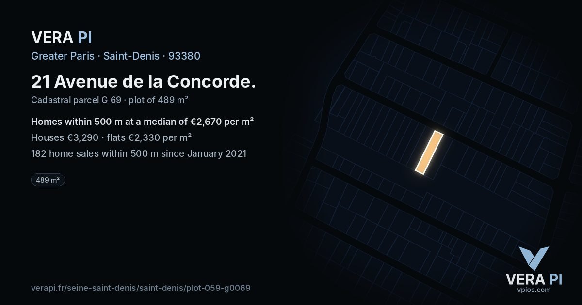 21 Avenue de la Concorde, Saint-Denis at night – the plot lit, the parcels around coloured by the prices near them