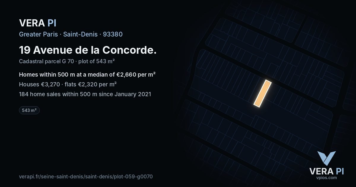 19 Avenue de la Concorde, Saint-Denis at night – the plot lit, the parcels around coloured by the prices near them