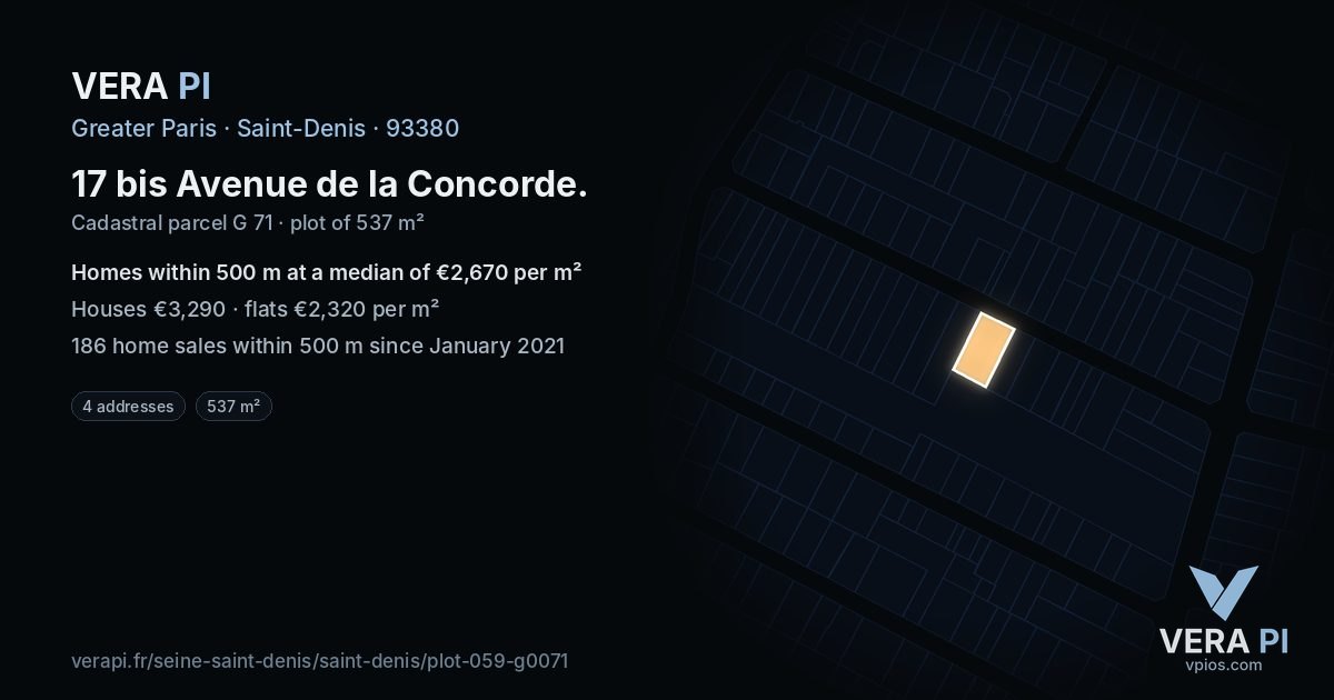 17 bis Avenue de la Concorde, Saint-Denis at night – the plot lit, the parcels around coloured by the prices near them