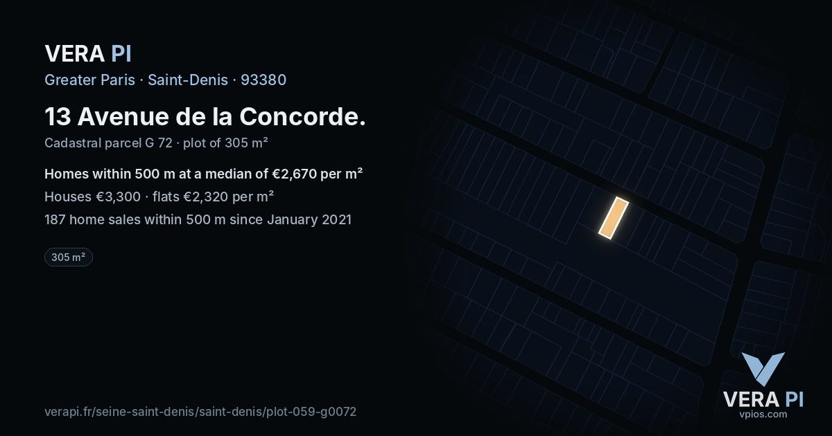 13 Avenue de la Concorde, Saint-Denis at night – the plot lit, the parcels around coloured by the prices near them