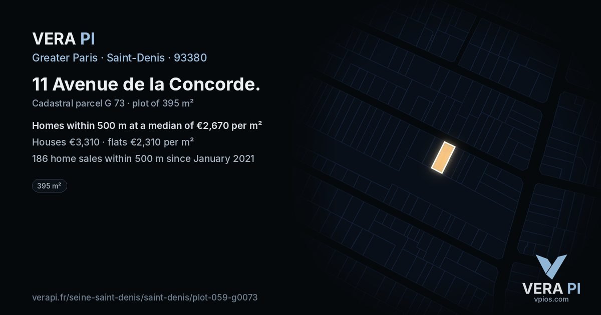 11 Avenue de la Concorde, Saint-Denis at night – the plot lit, the parcels around coloured by the prices near them