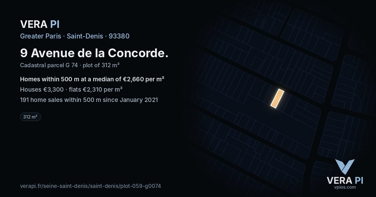 9 Avenue de la Concorde, Saint-Denis at night – the plot lit, the parcels around coloured by the prices near them