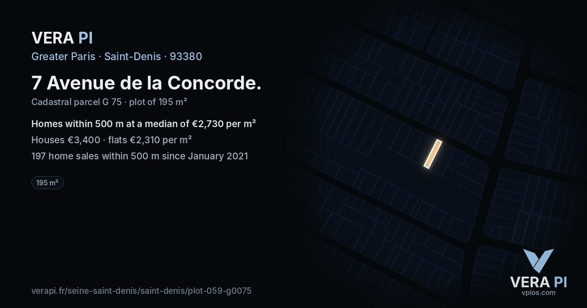 7 Avenue de la Concorde, Saint-Denis at night – the plot lit, the parcels around coloured by the prices near them