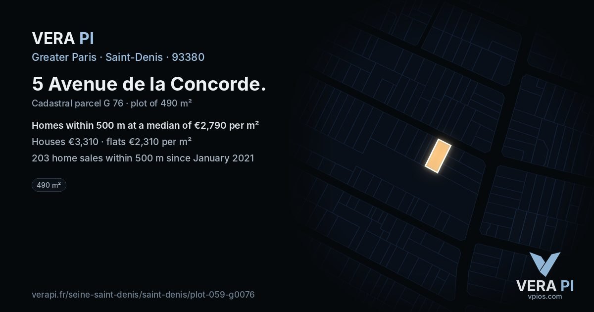 5 Avenue de la Concorde, Saint-Denis at night – the plot lit, the parcels around coloured by the prices near them