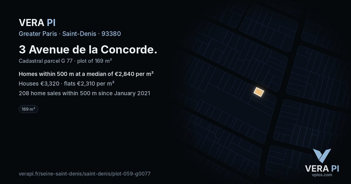 3 Avenue de la Concorde, Saint-Denis at night – the plot lit, the parcels around coloured by the prices near them