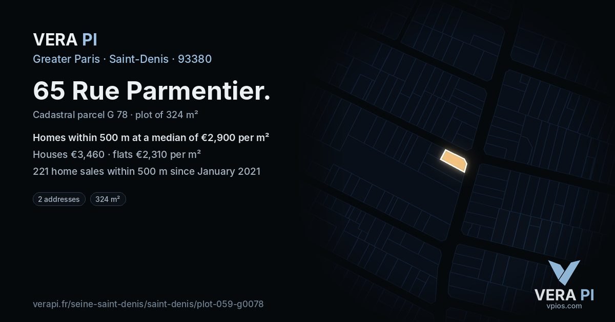 65 Rue Parmentier, Saint-Denis at night – the plot lit, the parcels around coloured by the prices near them