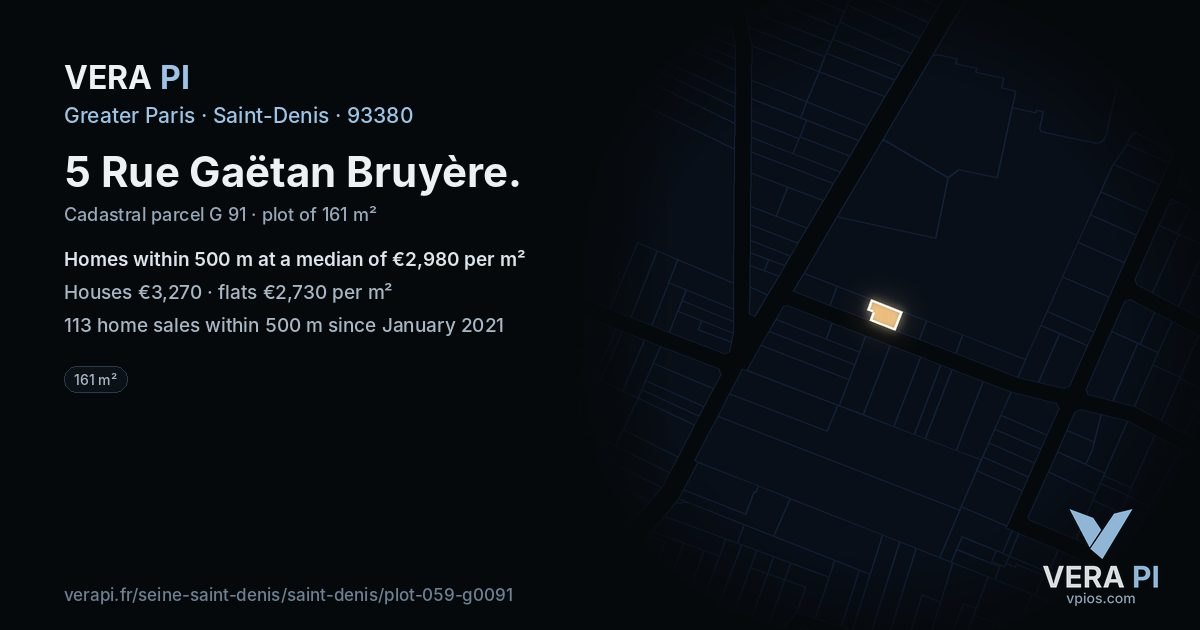 5 Rue Gaëtan Bruyère, Saint-Denis at night – the plot lit, the parcels around coloured by the prices near them
