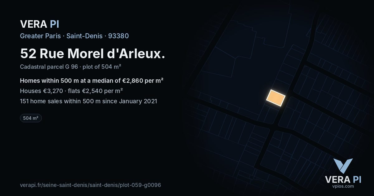 52 Rue Morel d'Arleux, Saint-Denis at night – the plot lit, the parcels around coloured by the prices near them