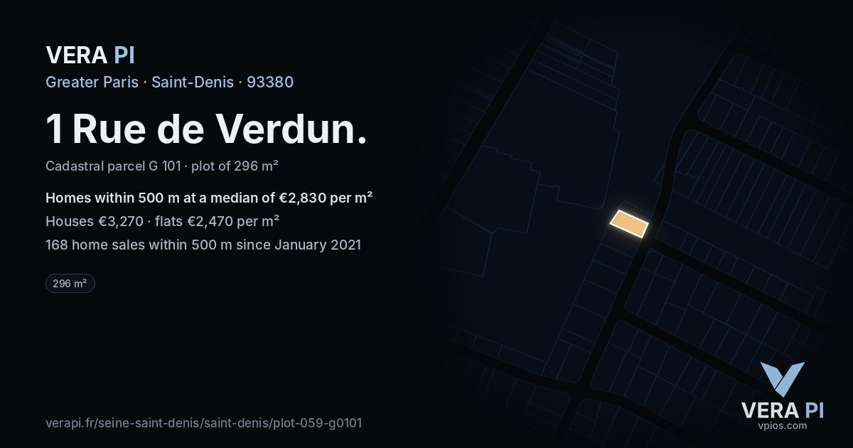1 Rue de Verdun, Saint-Denis at night – the plot lit, the parcels around coloured by the prices near them