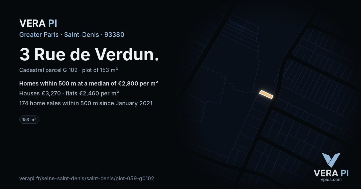 3 Rue de Verdun, Saint-Denis at night – the plot lit, the parcels around coloured by the prices near them