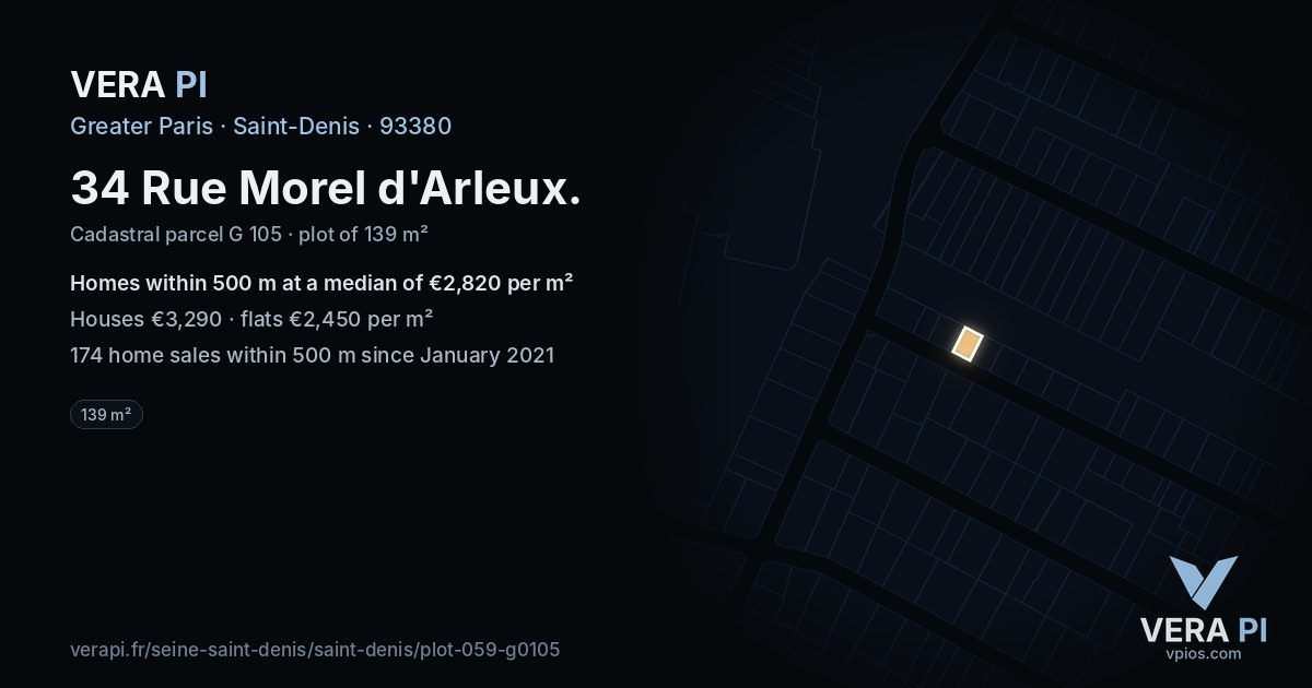 34 Rue Morel d'Arleux, Saint-Denis at night – the plot lit, the parcels around coloured by the prices near them