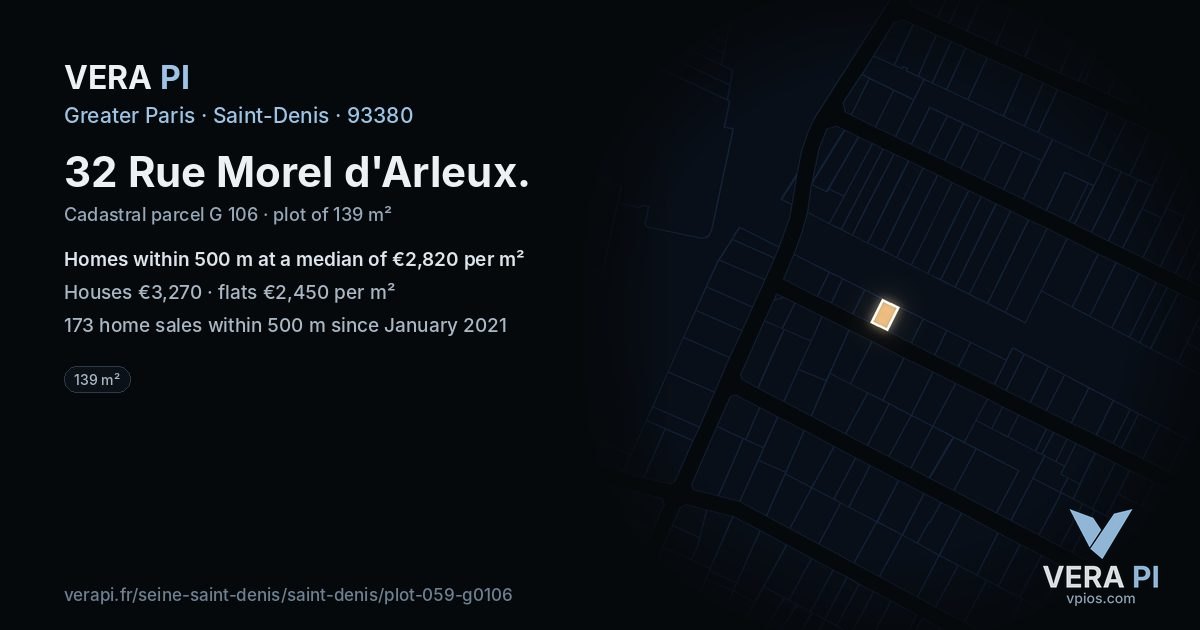 32 Rue Morel d'Arleux, Saint-Denis at night – the plot lit, the parcels around coloured by the prices near them