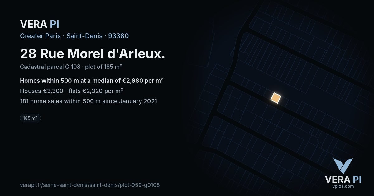 28 Rue Morel d'Arleux, Saint-Denis at night – the plot lit, the parcels around coloured by the prices near them