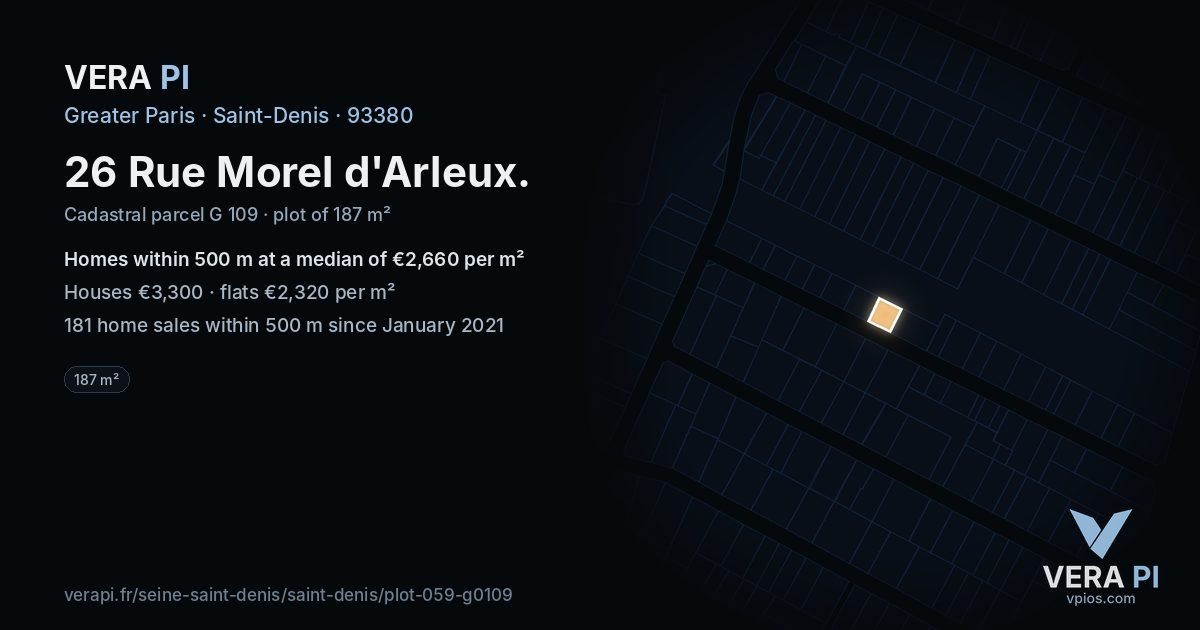 26 Rue Morel d'Arleux, Saint-Denis at night – the plot lit, the parcels around coloured by the prices near them