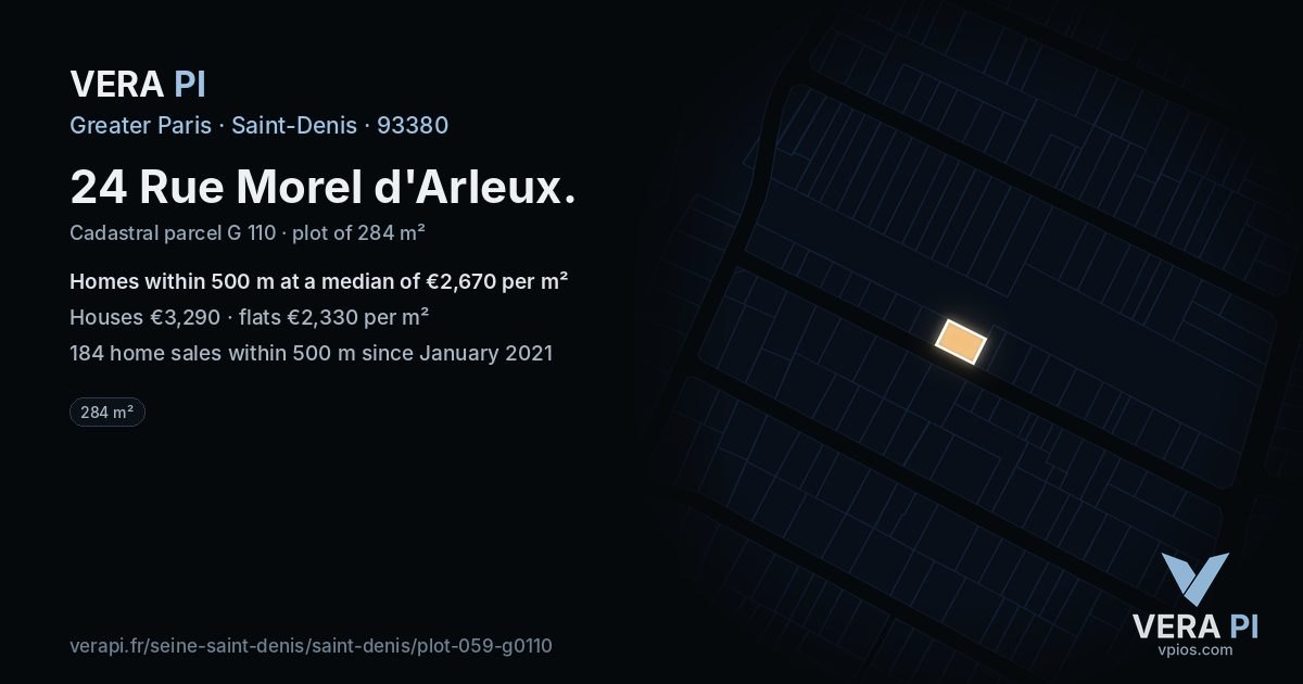 24 Rue Morel d'Arleux, Saint-Denis at night – the plot lit, the parcels around coloured by the prices near them