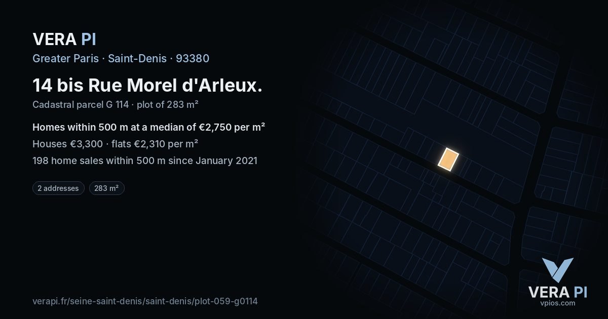 14 bis Rue Morel d'Arleux, Saint-Denis at night – the plot lit, the parcels around coloured by the prices near them