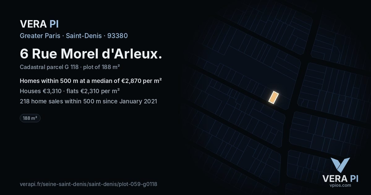 6 Rue Morel d'Arleux, Saint-Denis at night – the plot lit, the parcels around coloured by the prices near them
