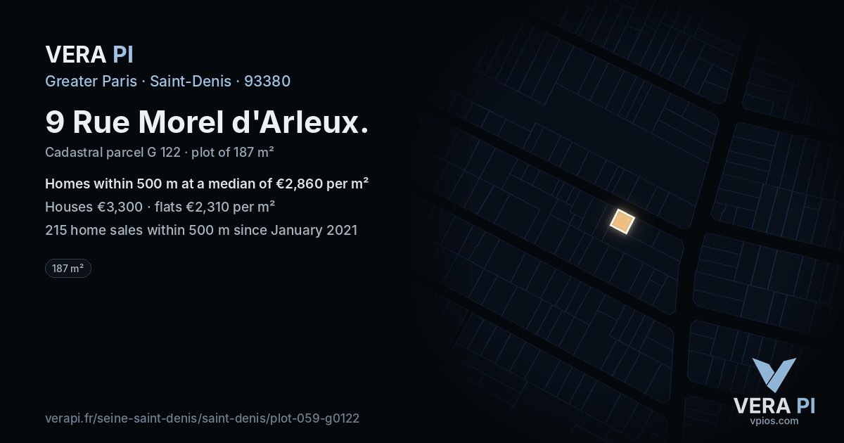 9 Rue Morel d'Arleux, Saint-Denis at night – the plot lit, the parcels around coloured by the prices near them