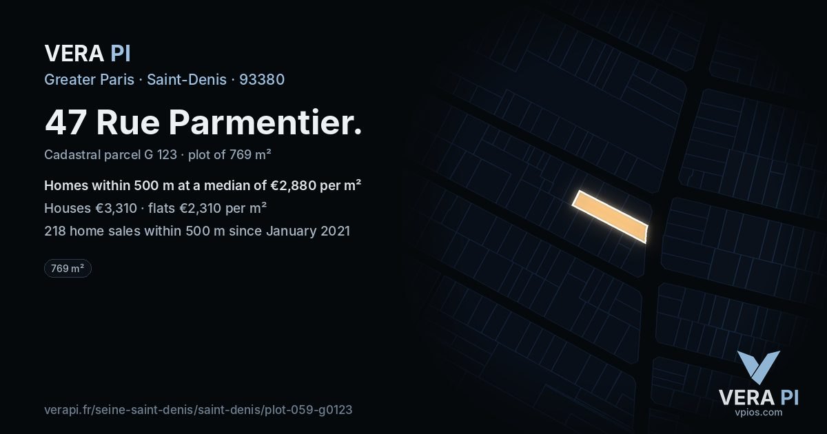 47 Rue Parmentier, Saint-Denis at night – the plot lit, the parcels around coloured by the prices near them