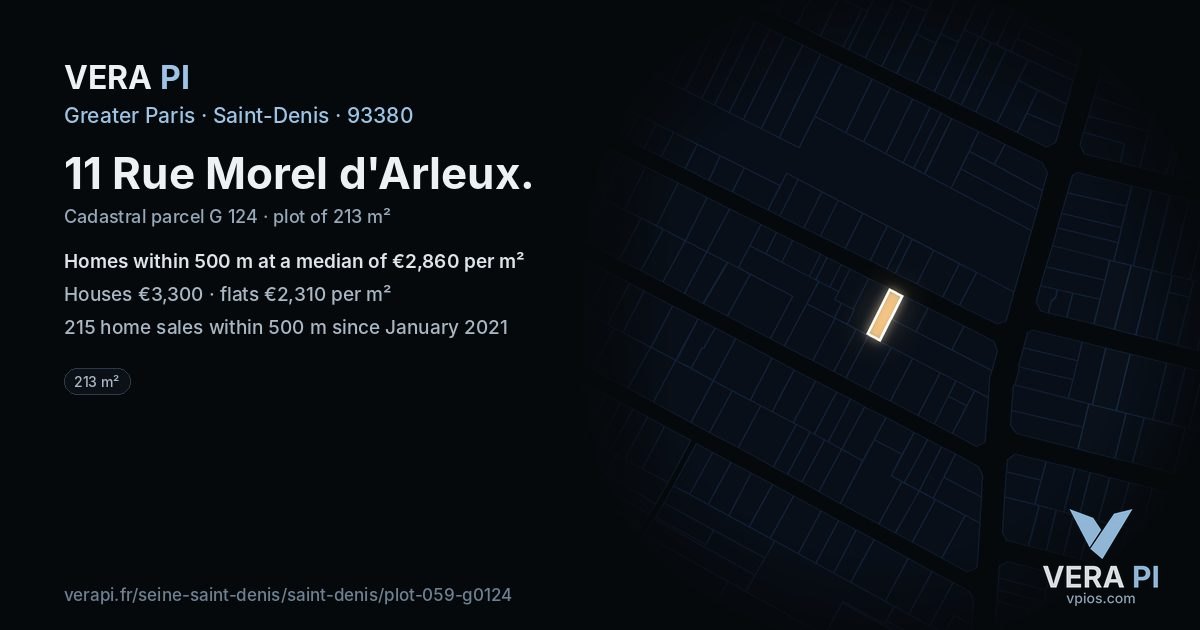 11 Rue Morel d'Arleux, Saint-Denis at night – the plot lit, the parcels around coloured by the prices near them