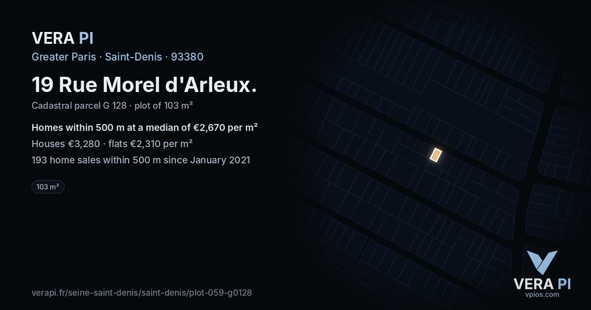 19 Rue Morel d'Arleux, Saint-Denis at night – the plot lit, the parcels around coloured by the prices near them