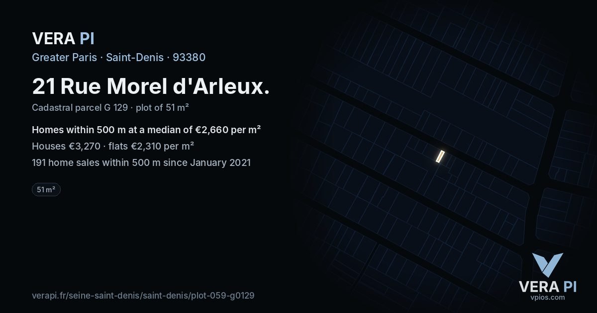 21 Rue Morel d'Arleux, Saint-Denis at night – the plot lit, the parcels around coloured by the prices near them
