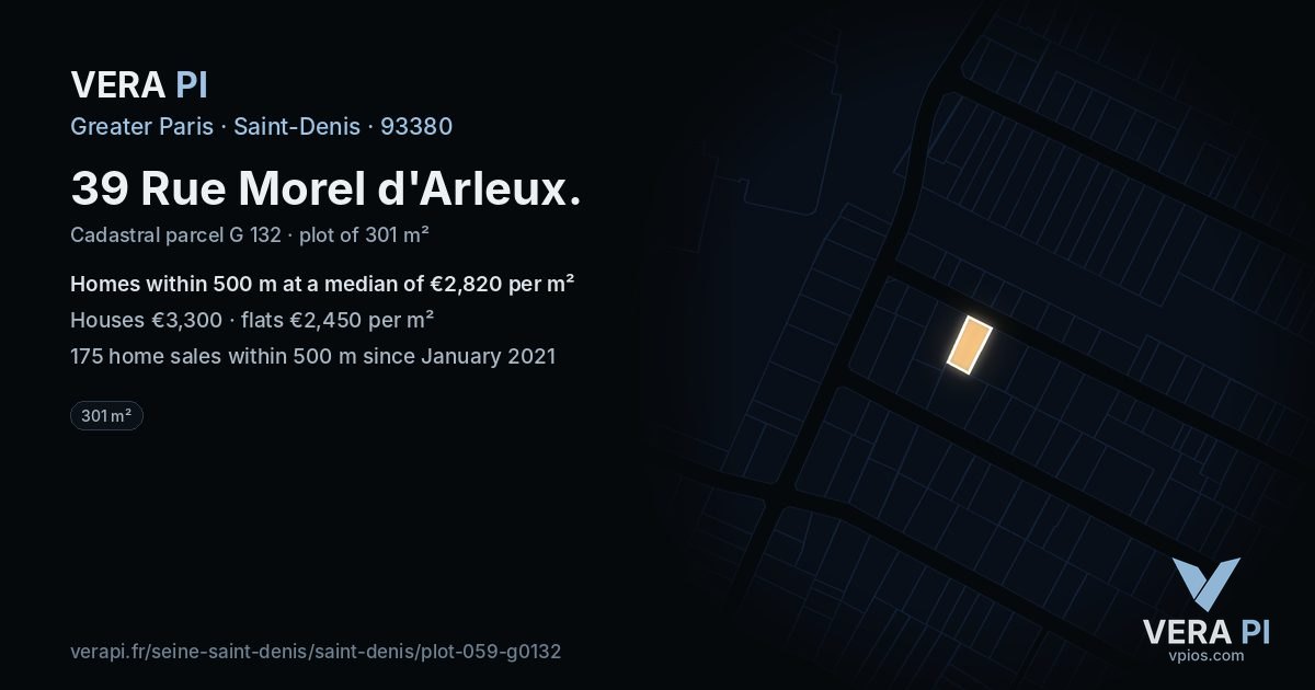 39 Rue Morel d'Arleux, Saint-Denis at night – the plot lit, the parcels around coloured by the prices near them