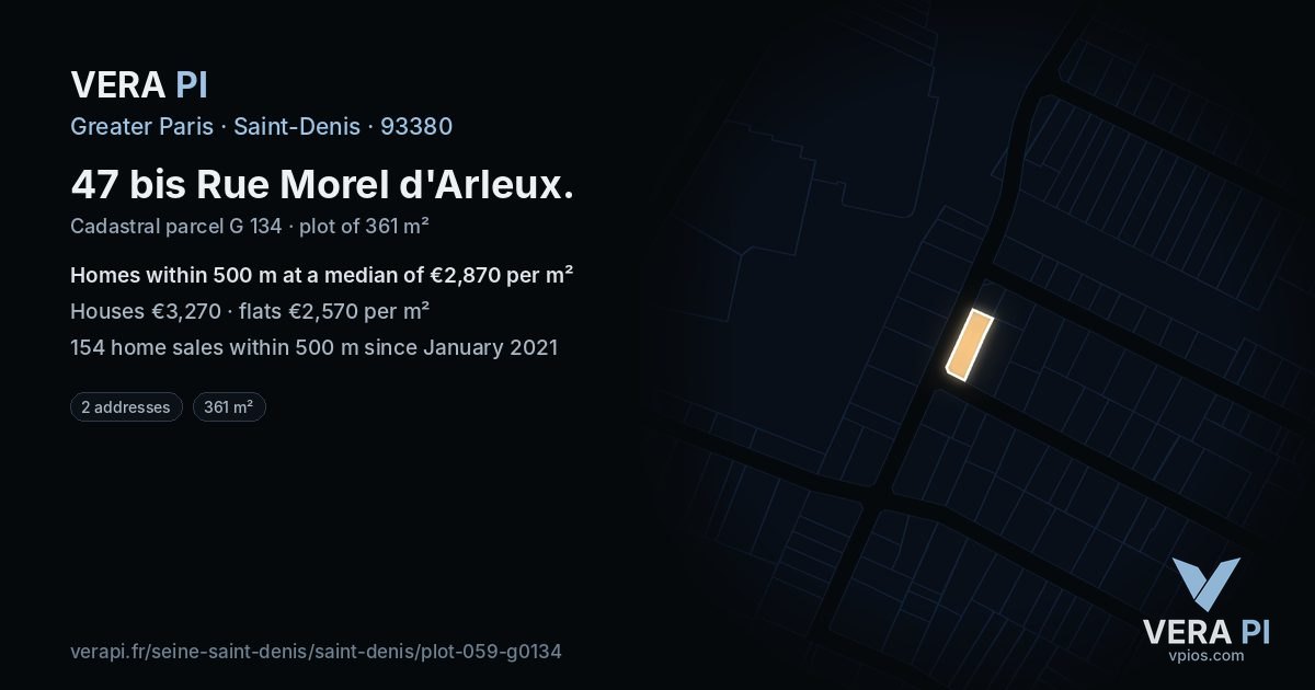 47 bis Rue Morel d'Arleux, Saint-Denis at night – the plot lit, the parcels around coloured by the prices near them
