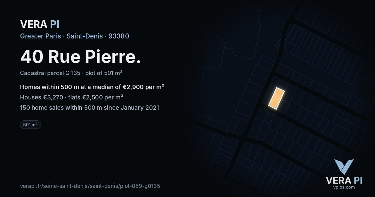 40 Rue Pierre, Saint-Denis at night – the plot lit, the parcels around coloured by the prices near them